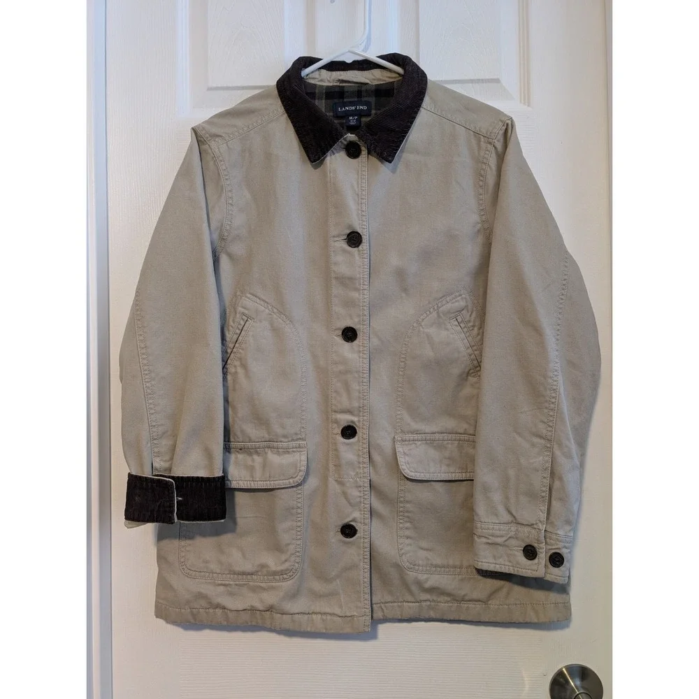 Lands End Womens Tan Canvas Field Coat Plaid Flannel Lined Corduroy Trim M 10-12 - Picture 1 of 9